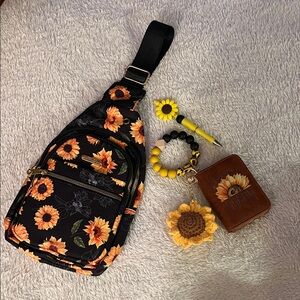 Sunflower Crossbody Bag w/Wristlet Faux Leather Wallet and Crochet Sunflower&pen